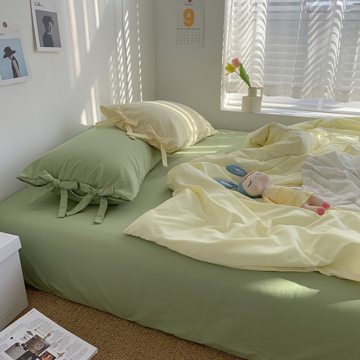 91家纺网 家纺一手货源 找家纺 曼谷家纺 新款美棉磨毛纯色系带混搭拼色蝴蝶结四件套 芝士豆绿（系带款）