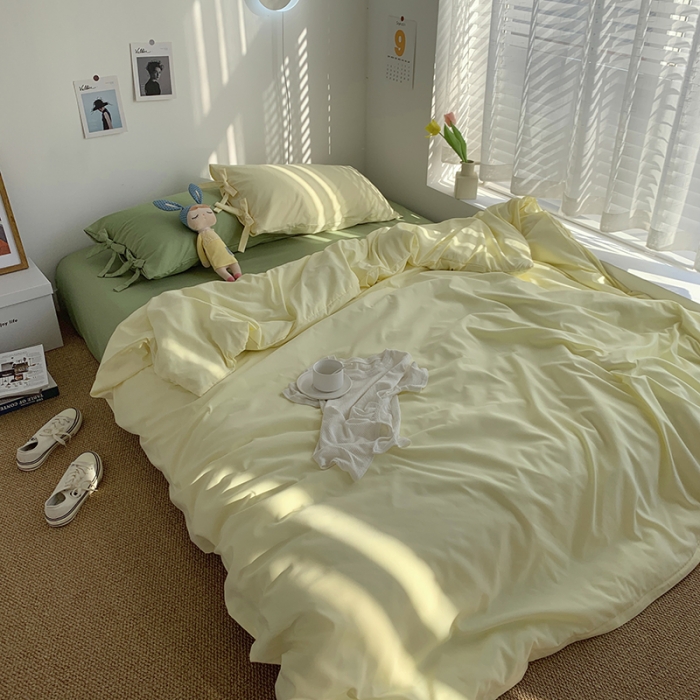 91家纺网 家纺一手货源 找家纺 曼谷家纺 新款美棉磨毛纯色系带混搭拼色蝴蝶结四件套 芝士豆绿（系带款）