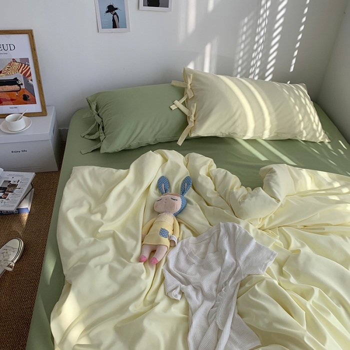 91家纺网 家纺一手货源 找家纺 曼谷家纺 新款美棉磨毛纯色系带混搭拼色蝴蝶结四件套 芝士豆绿（系带款）