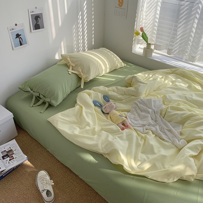 91家纺网 家纺一手货源 找家纺 曼谷家纺 新款美棉磨毛纯色系带混搭拼色蝴蝶结四件套 芝士豆绿（系带款）