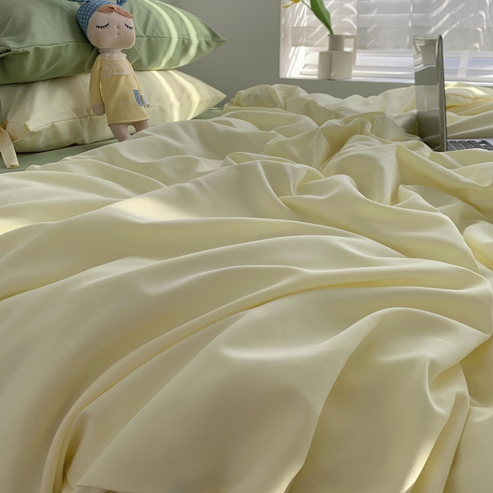 91家纺网 家纺一手货源 找家纺 曼谷家纺 新款美棉磨毛纯色系带混搭拼色蝴蝶结四件套 芝士豆绿（系带款）