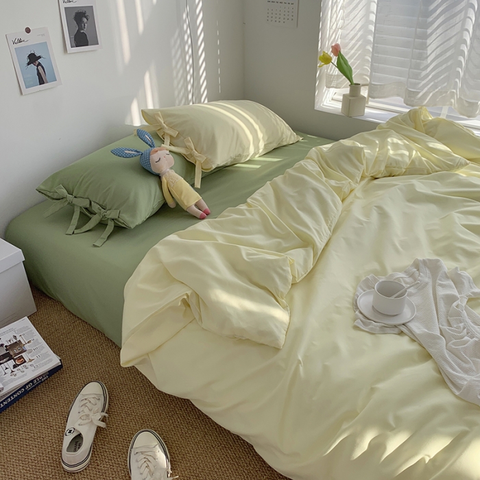 91家纺网 家纺一手货源 找家纺 曼谷家纺 新款美棉磨毛纯色系带混搭拼色蝴蝶结四件套 芝士豆绿（系带款）