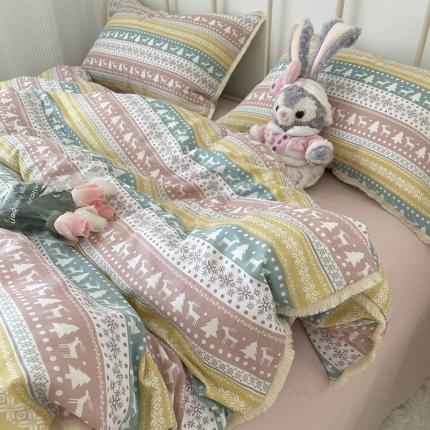 91家纺网 家纺一手货源 找家纺 千朵 2022新款全棉双层纱布四件套 圣诞小鹿