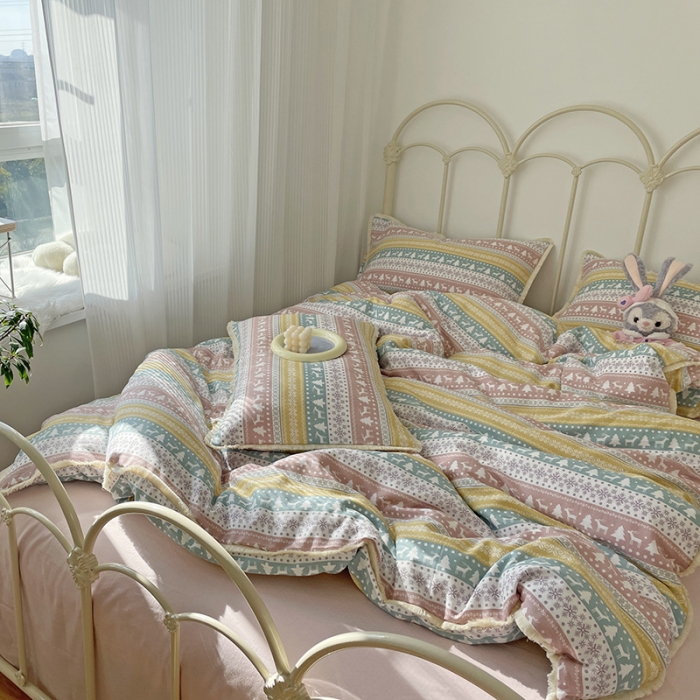 91家纺网 家纺一手货源 找家纺 千朵 2022新款全棉双层纱布四件套 圣诞小鹿