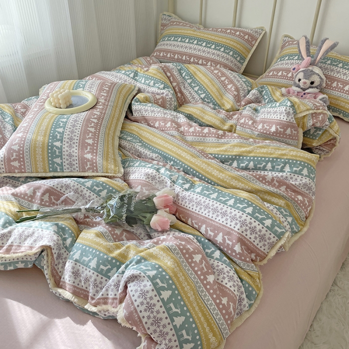 91家纺网 家纺一手货源 找家纺 千朵 2022新款全棉双层纱布四件套 圣诞小鹿