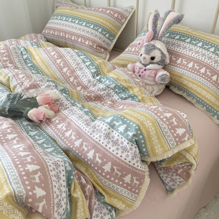 91家纺网 家纺一手货源 找家纺 千朵 2022新款全棉双层纱布四件套 圣诞小鹿