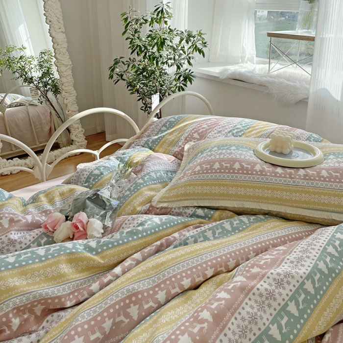 91家纺网 家纺一手货源 找家纺 千朵 2022新款全棉双层纱布四件套 圣诞小鹿