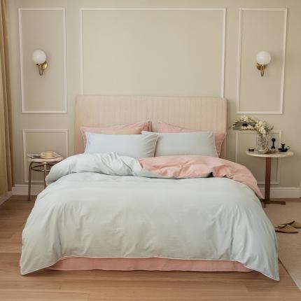 91家纺网 家纺一手货源 找家纺 万盛家纺2025新款全棉纯棉水洗棉拼色款四件套艾草绿-香妃粉