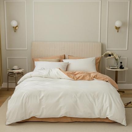 91家纺网 家纺一手货源 找家纺 万盛家纺2025新款全棉纯棉水洗棉拼色款四件套 贵族白-软桃