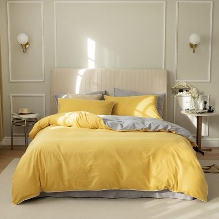 91家纺网 家纺一手货源 找家纺 万盛家纺 2025新款全棉纯棉水洗棉拼色款四件套 芥末黄-灰