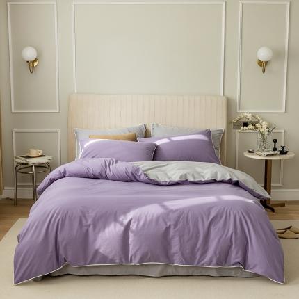 91家纺网 家纺一手货源 找家纺 万盛家纺 2025新款全棉纯棉水洗棉拼色款四件套 深紫-灰