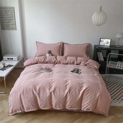 91家纺网 家纺一手货源 找家纺 金丝鸟2023新款A类60支全棉水洗棉华夫格四件套苏珊格 苏珊格粉