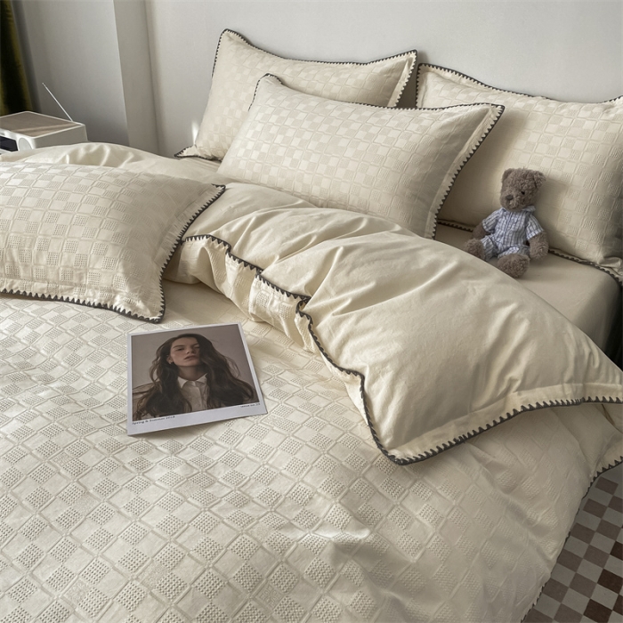 91家纺网 家纺一手货源 找家纺 总金丝鸟2023新款A类60支全棉水洗棉华夫格四件套苏珊格