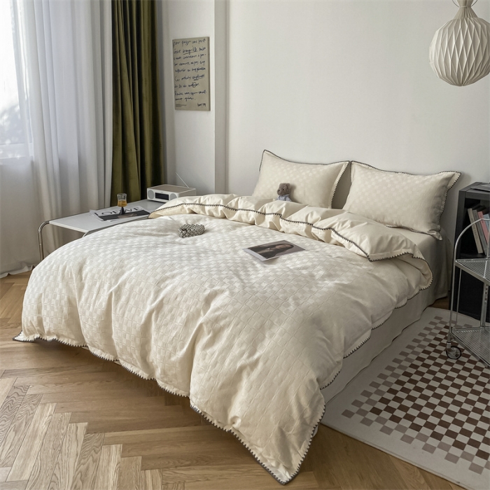 91家纺网 家纺一手货源 找家纺 金丝鸟2023新款A类60支全棉水洗棉华夫格四件套苏珊格 苏珊格白