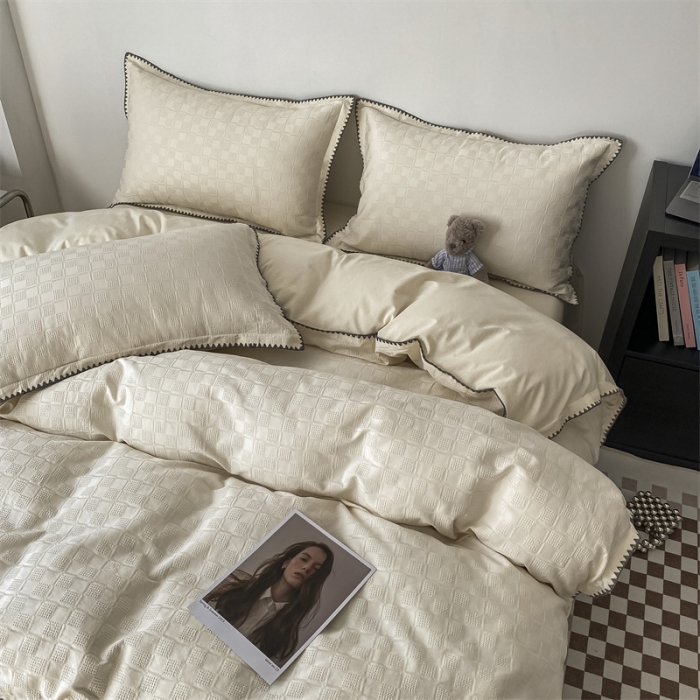 91家纺网 家纺一手货源 找家纺 金丝鸟2023新款A类60支全棉水洗棉华夫格四件套苏珊格 苏珊格白