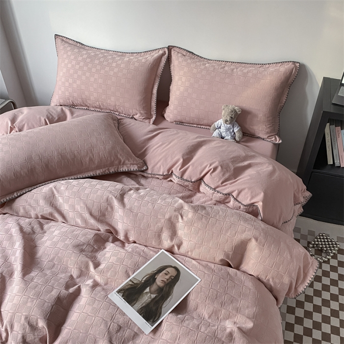 91家纺网 家纺一手货源 找家纺 金丝鸟2023新款A类60支全棉水洗棉华夫格四件套苏珊格 苏珊格粉