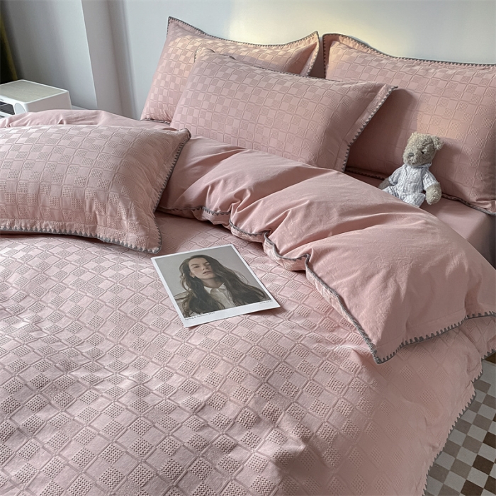 91家纺网 家纺一手货源 找家纺 金丝鸟2023新款A类60支全棉水洗棉华夫格四件套苏珊格 苏珊格粉