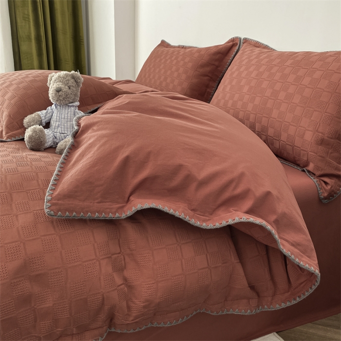 91家纺网 家纺一手货源 找家纺 金丝鸟2023新款A类60支全棉水洗棉华夫格四件套苏珊格 苏珊格红