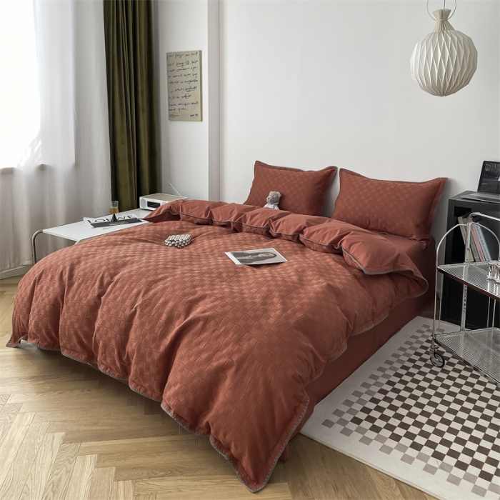 91家纺网 家纺一手货源 找家纺 金丝鸟2023新款A类60支全棉水洗棉华夫格四件套苏珊格 苏珊格红