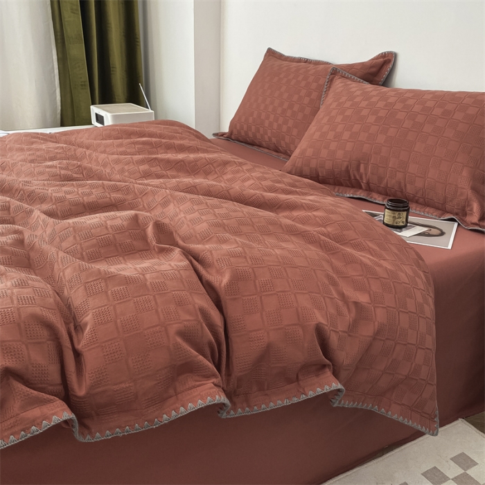 91家纺网 家纺一手货源 找家纺 金丝鸟2023新款A类60支全棉水洗棉华夫格四件套苏珊格 苏珊格红