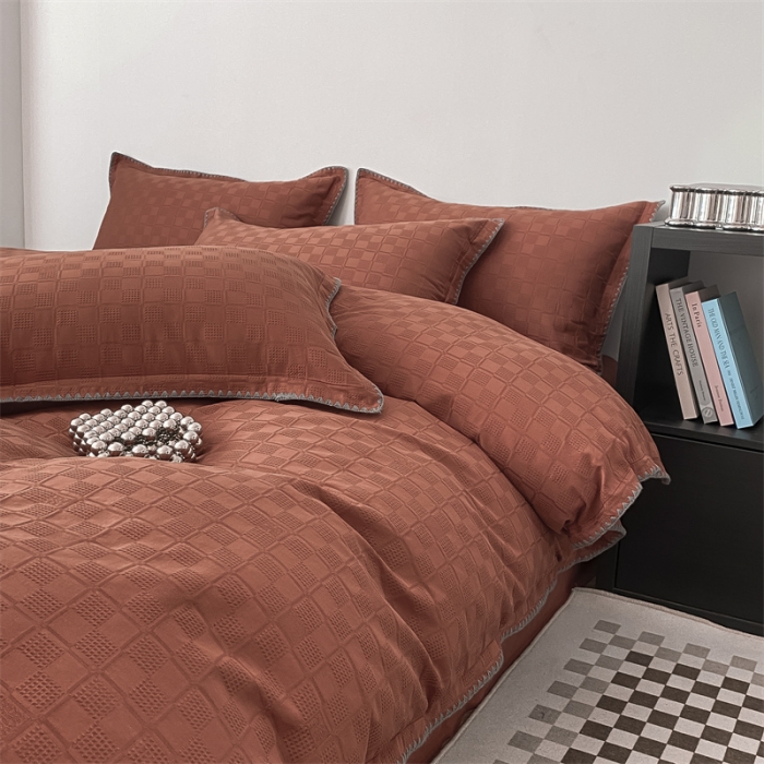 91家纺网 家纺一手货源 找家纺 金丝鸟2023新款A类60支全棉水洗棉华夫格四件套苏珊格 苏珊格红