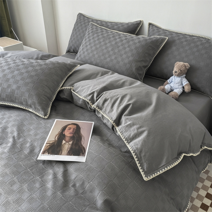 91家纺网 家纺一手货源 找家纺 金丝鸟2023新款A类60支全棉水洗棉华夫格四件套苏珊格 苏珊格灰