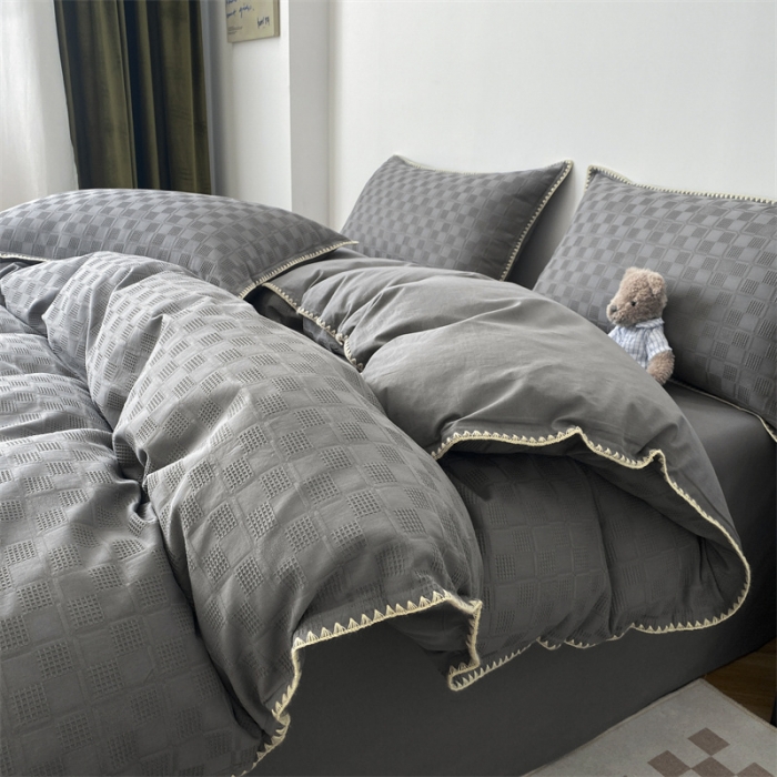 91家纺网 家纺一手货源 找家纺 金丝鸟2023新款A类60支全棉水洗棉华夫格四件套苏珊格 苏珊格灰