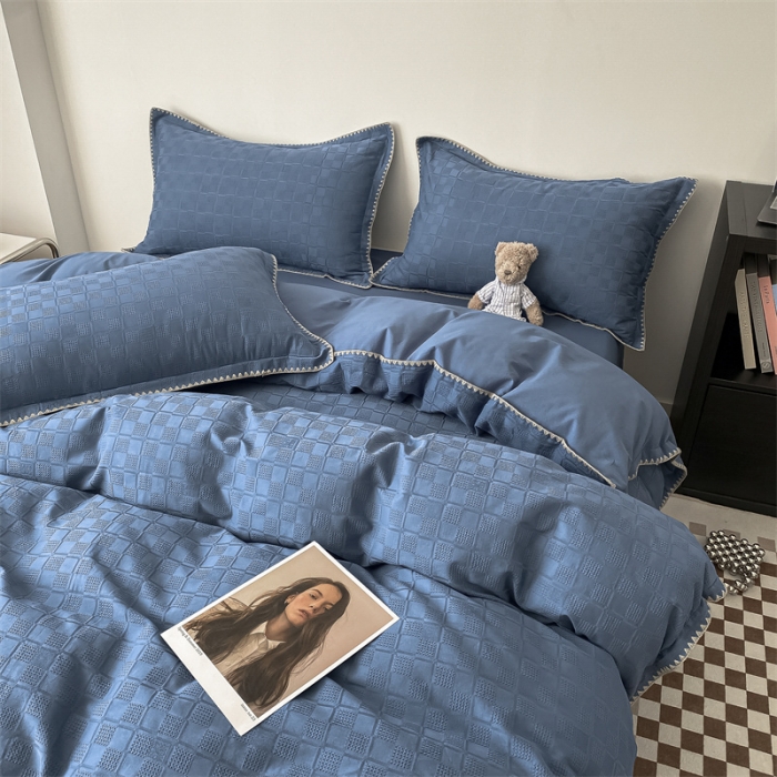 91家纺网 家纺一手货源 找家纺 金丝鸟2023新款A类60支全棉水洗棉华夫格四件套苏珊格 苏珊格蓝