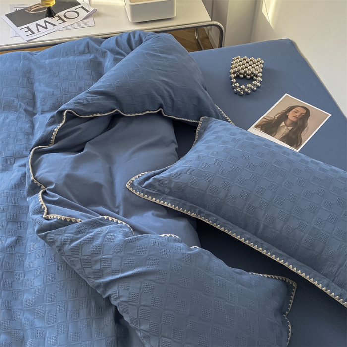 91家纺网 家纺一手货源 找家纺 金丝鸟2023新款A类60支全棉水洗棉华夫格四件套苏珊格 苏珊格蓝