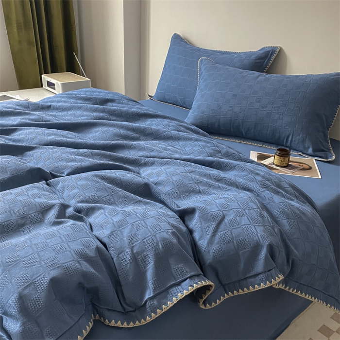 91家纺网 家纺一手货源 找家纺 金丝鸟2023新款A类60支全棉水洗棉华夫格四件套苏珊格 苏珊格蓝