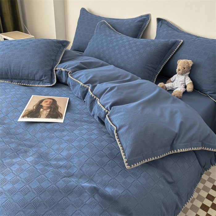 91家纺网 家纺一手货源 找家纺 金丝鸟2023新款A类60支全棉水洗棉华夫格四件套苏珊格 苏珊格蓝