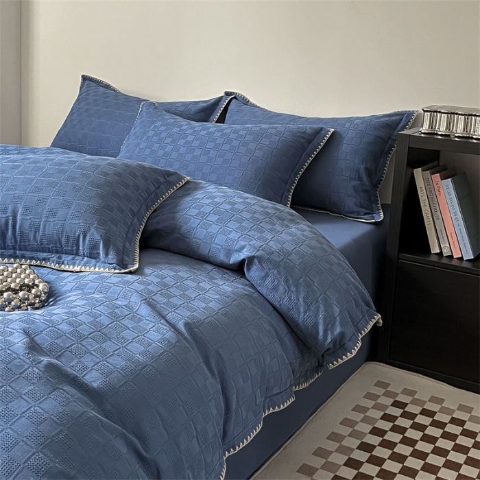 91家纺网 家纺一手货源 找家纺 金丝鸟2023新款A类60支全棉水洗棉华夫格四件套苏珊格 苏珊格蓝