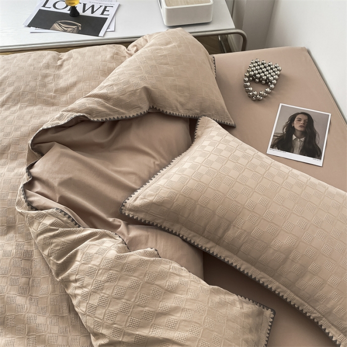 91家纺网 家纺一手货源 找家纺 金丝鸟2023新款A类60支全棉水洗棉华夫格四件套苏珊格 苏珊格驼