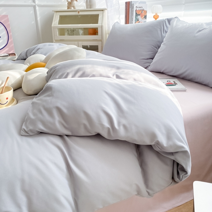 91家纺网 家纺一手货源 找家纺 雨帆 2022新款纯色双拼磨毛四件套 烟雾粉