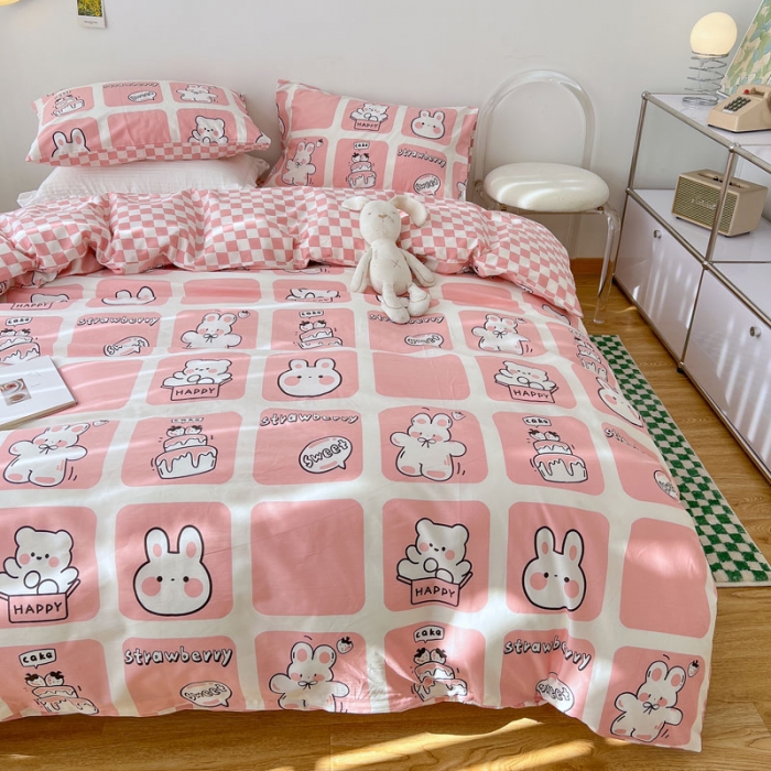 91家纺网 家纺一手货源 找家纺 梦家居 2022新款13372小清新系列全棉四件套 粉色派对