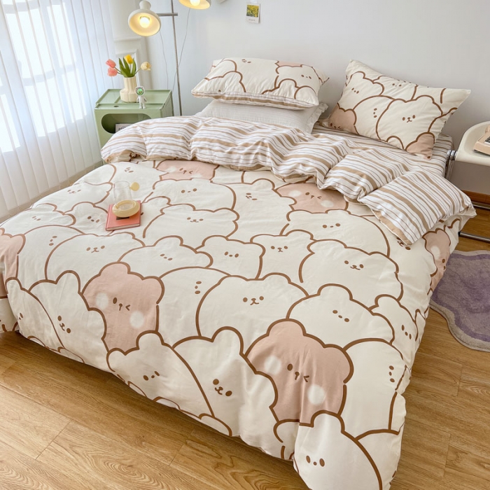 91家纺网 家纺一手货源 找家纺 梦家居 2022新款13372小清新系列全棉四件套 米熊