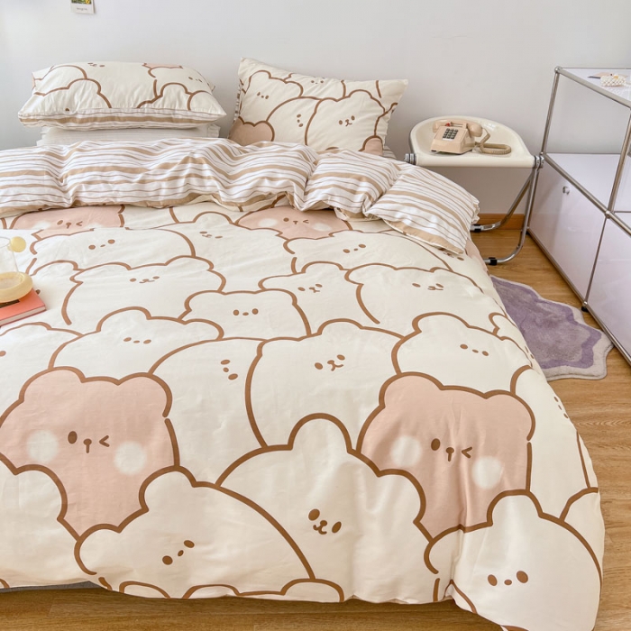 91家纺网 家纺一手货源 找家纺 梦家居 2022新款13372小清新系列全棉四件套 米熊