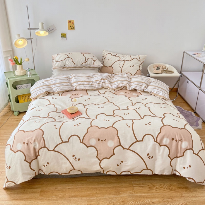 91家纺网 家纺一手货源 找家纺 梦家居 2022新款13372小清新系列全棉四件套 米熊