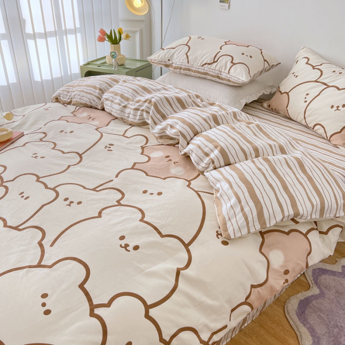 91家纺网 家纺一手货源 找家纺 梦家居 2022新款13372小清新系列全棉四件套 米熊
