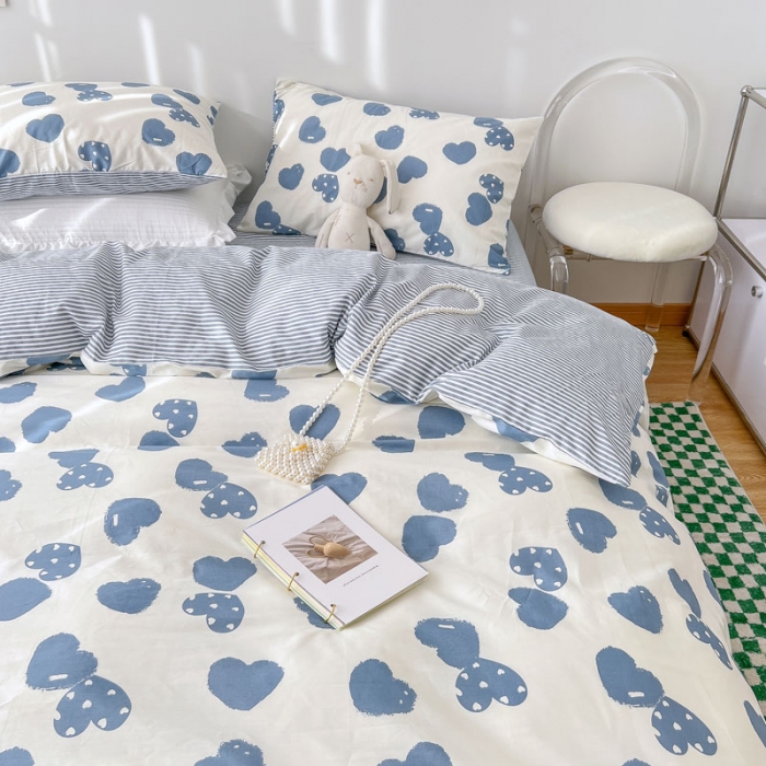 91家纺网 家纺一手货源 找家纺 梦家居 2022新款13372小清新系列全棉四件套 心情蓝