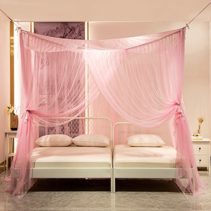 91家纺网 家纺一手货源 找家纺 青竹苑2022新款万能蚊帐挂账吊顶睡帐特大不规则床拼接床蚊帐 万能蚊帐-粉