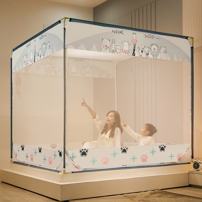 91家纺网 家纺一手货源 找家纺 2022新款外穿坐床式蚊帐儿童防摔防蚊拉链方帐铁艺加厚加固支架睡帐 萌宠乐园