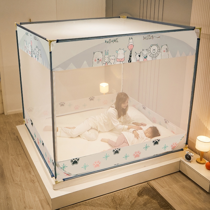 91家纺网 家纺一手货源 找家纺 2022新款外穿坐床式蚊帐儿童防摔防蚊拉链方帐铁艺加厚加固支架睡帐 萌宠乐园