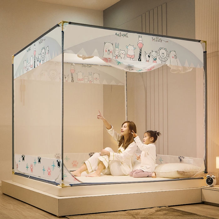 91家纺网 家纺一手货源 找家纺 2022新款外穿坐床式蚊帐儿童防摔防蚊拉链方帐铁艺加厚加固支架睡帐 萌宠乐园