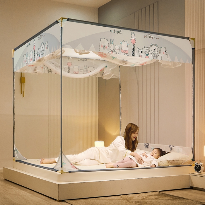 91家纺网 家纺一手货源 找家纺 2022新款外穿坐床式蚊帐儿童防摔防蚊拉链方帐铁艺加厚加固支架睡帐 萌宠乐园