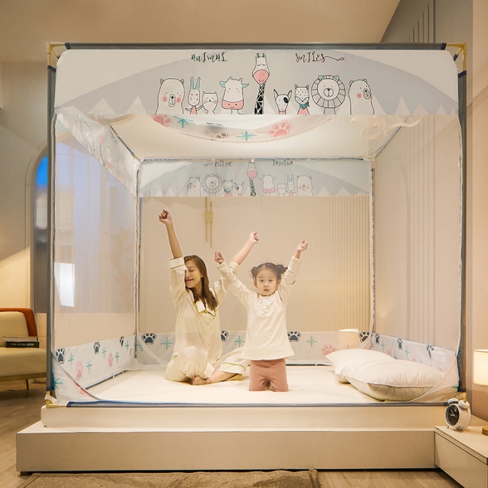 91家纺网 家纺一手货源 找家纺 2022新款外穿坐床式蚊帐儿童防摔防蚊拉链方帐铁艺加厚加固支架睡帐 萌宠乐园
