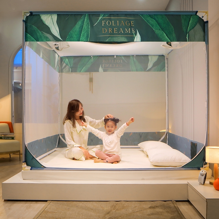 91家纺网 家纺一手货源 找家纺 2022新款外穿坐床式蚊帐儿童防摔防蚊拉链方帐铁艺加厚加固支架睡帐 热带雨林