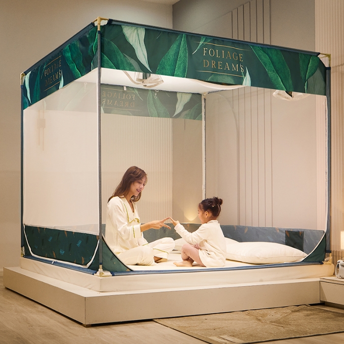 91家纺网 家纺一手货源 找家纺 2022新款外穿坐床式蚊帐儿童防摔防蚊拉链方帐铁艺加厚加固支架睡帐 热带雨林