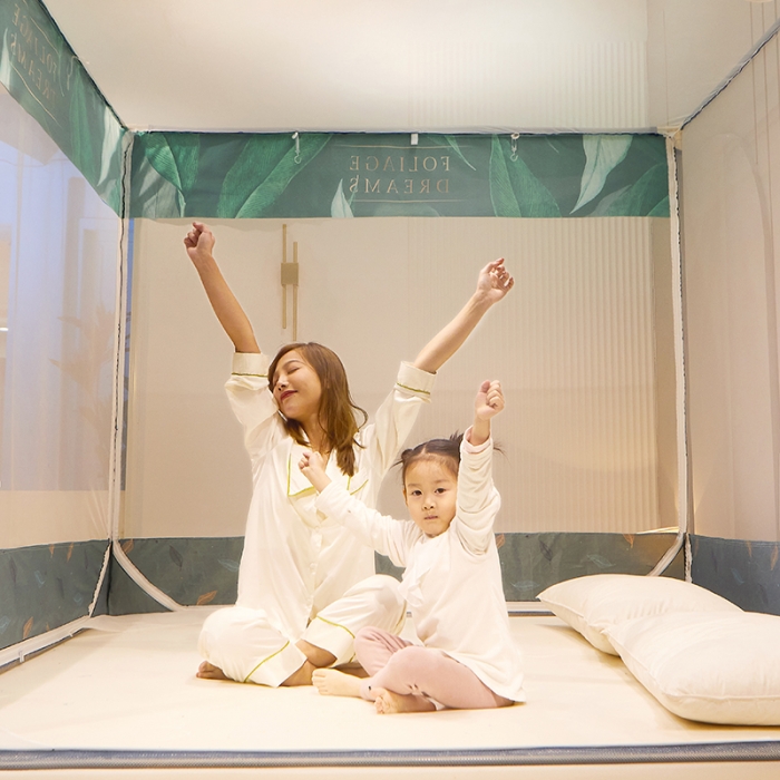 91家纺网 家纺一手货源 找家纺 2022新款外穿坐床式蚊帐儿童防摔防蚊拉链方帐铁艺加厚加固支架睡帐 热带雨林