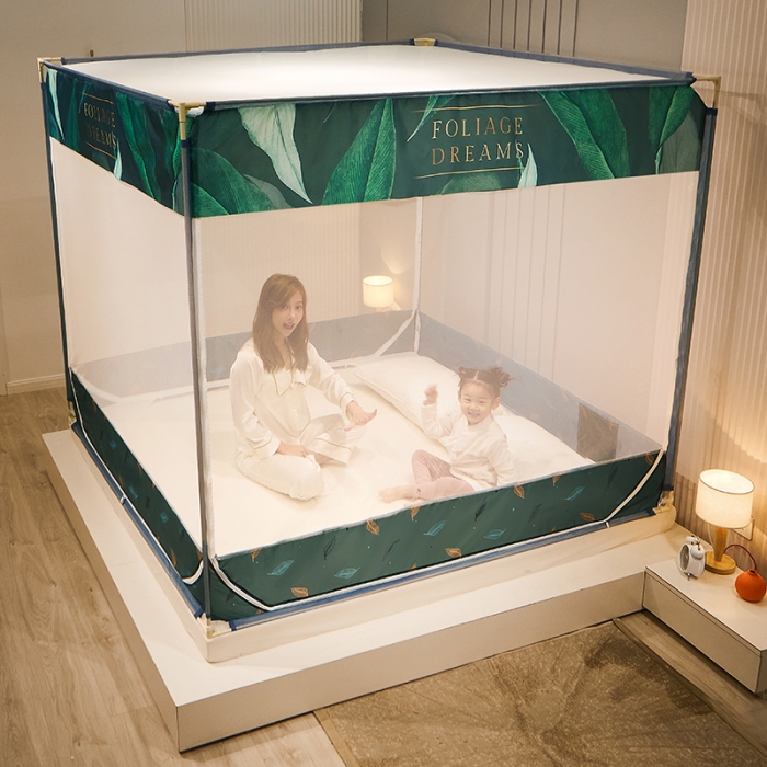 91家纺网 家纺一手货源 找家纺 2022新款外穿坐床式蚊帐儿童防摔防蚊拉链方帐铁艺加厚加固支架睡帐 热带雨林